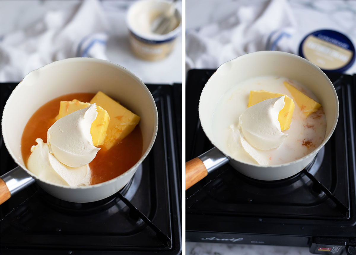 Sauce for malva pudding recipe with orange juice. • Drizzle and Dip Small saucepan on a stove with a pat of butter melting in an amber sauce (left). Right panel shows butter melting in a pale sauce on the same stove.