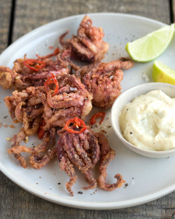salt and pepper baby squid with chilli lime aioli