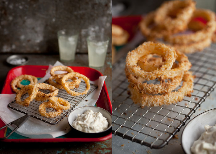 crispy oven roasted onion rings with a jalepeno dip