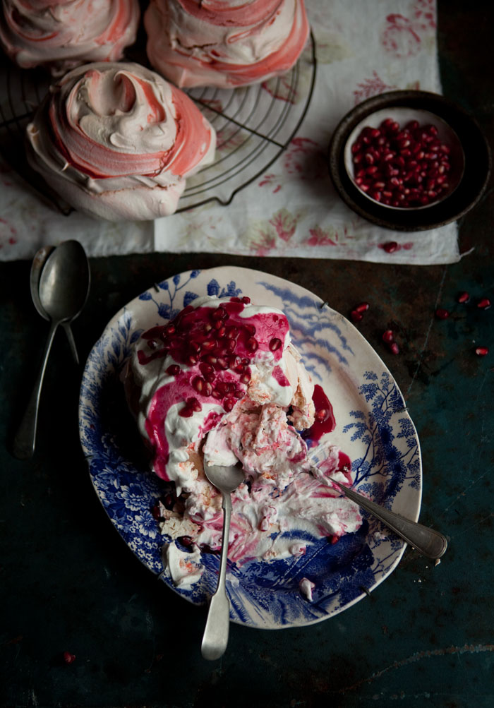 pink swirl meringues with pomegranate syrup