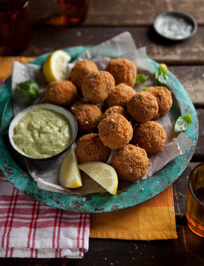 crispy fried roasted tomato risotto balls with smoked mussels