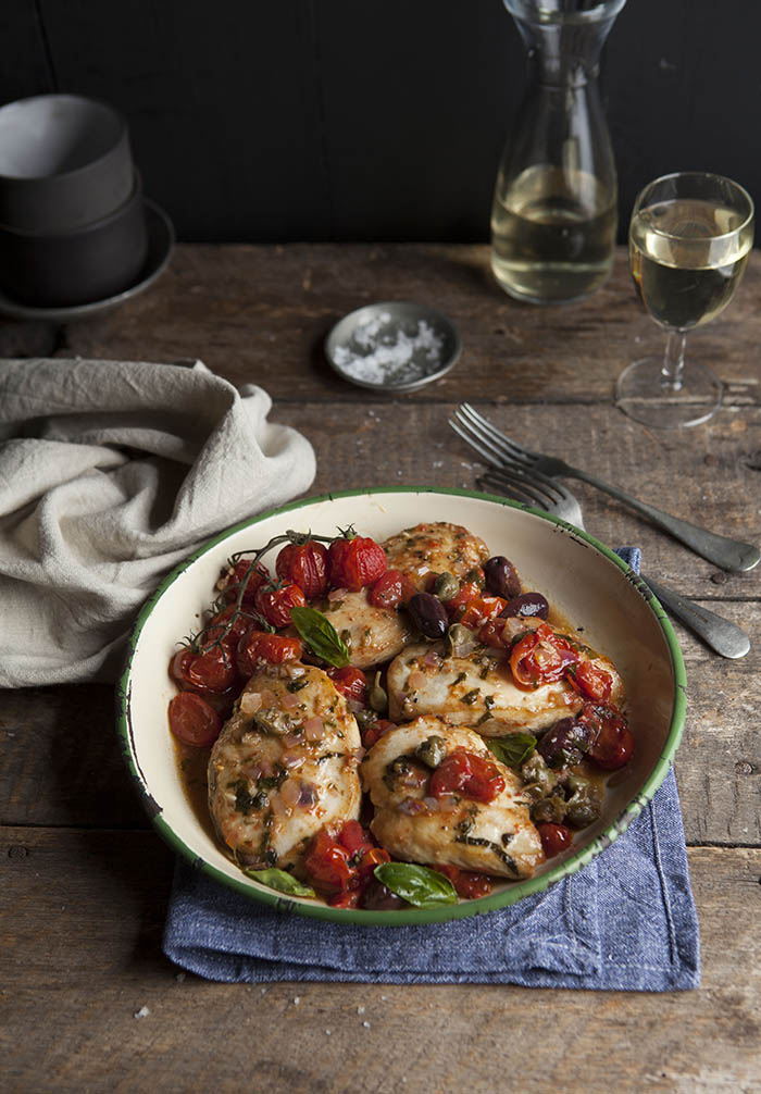 lightly roasted chicken breasts with a tomato, olive and caper salsa
