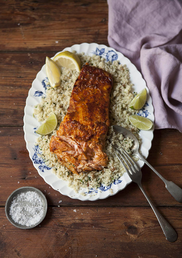 Grilled salmon with harissa on cauliflower ‘couscous’