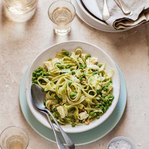 tagliatelle with pea pesto and mozzarella • Drizzle and Dip tagliatelle with pea pesto and mozzarella recipe