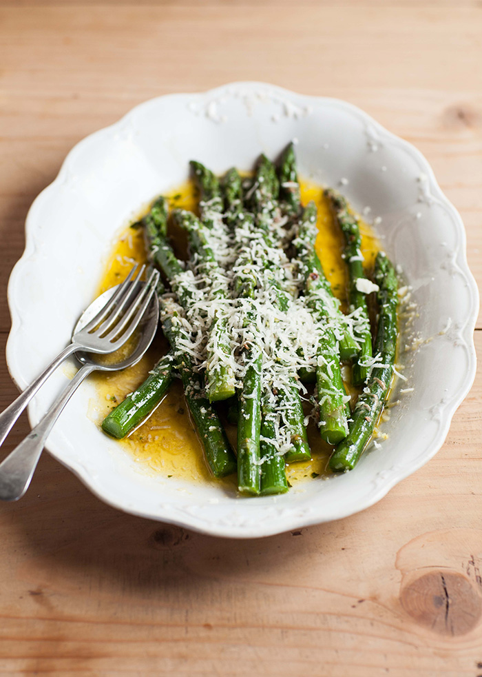 asparagus with anchovy butter and Parmesan