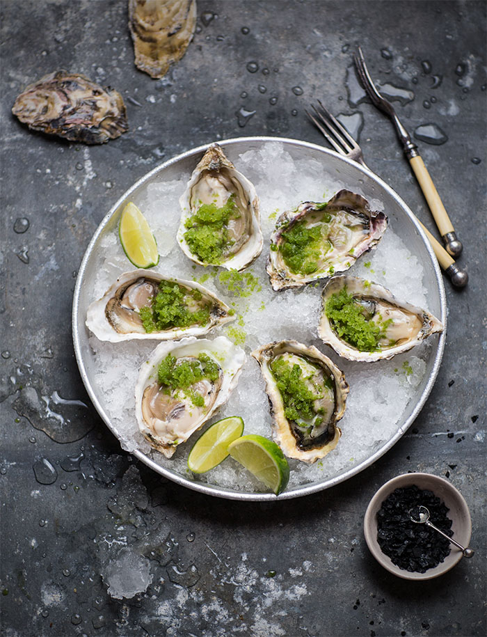 oysters with spicy cucumber & lime granita