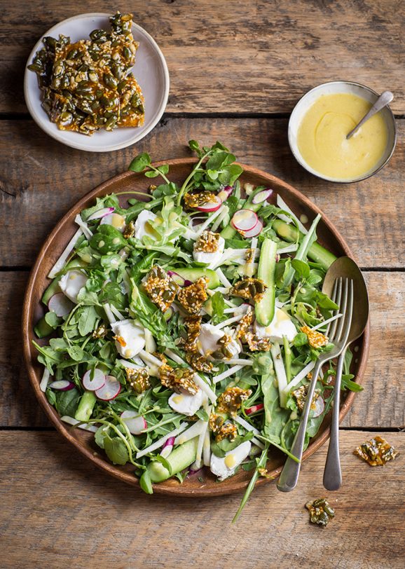 crunchy green salad with goats cheese and mixed seed praline