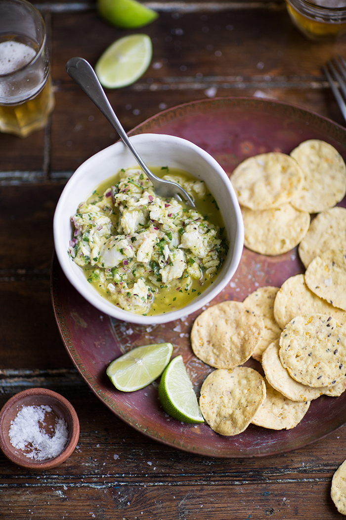 the most delicious peruvian ceviche served with corn chips