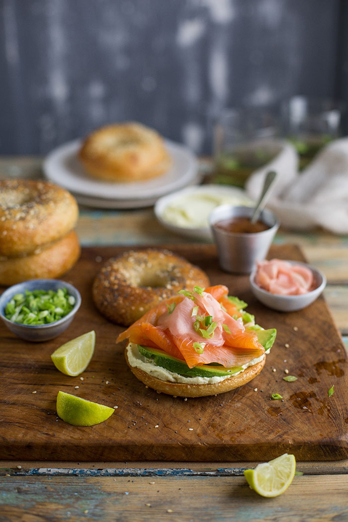 bagel with wasabi cream cheese, smoked salmon, avo and pickled ginger