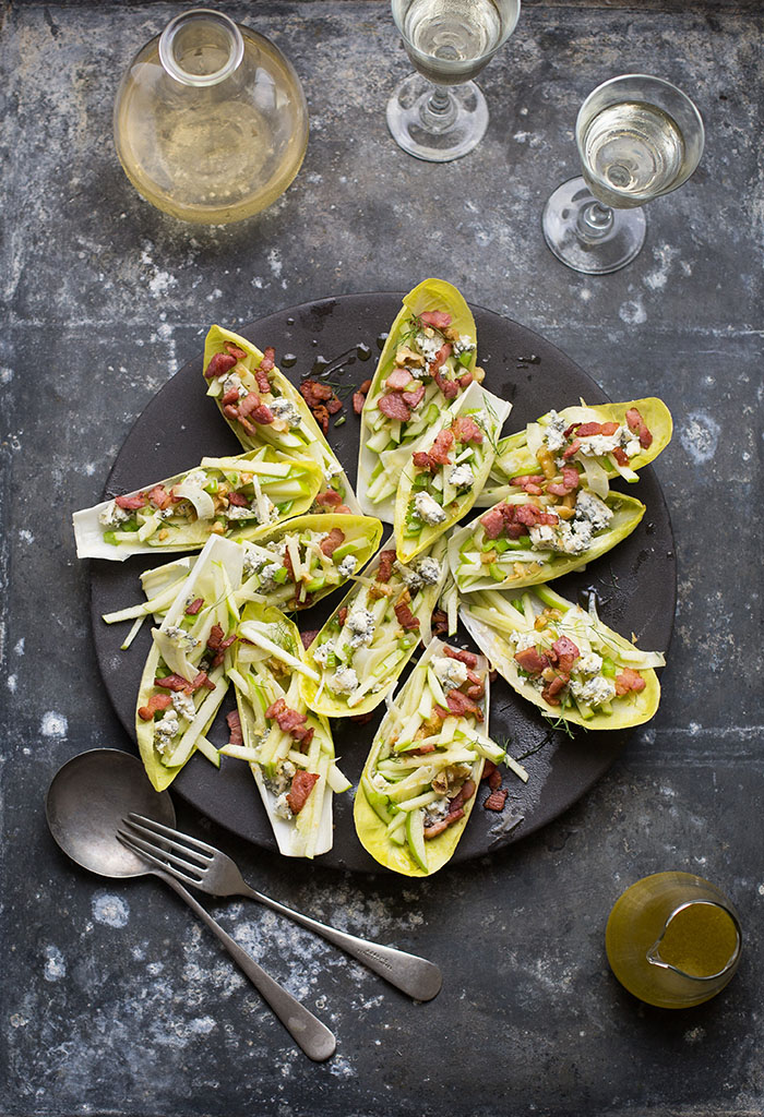 endive salad boats with apple, blue cheese, bacon and walnuts