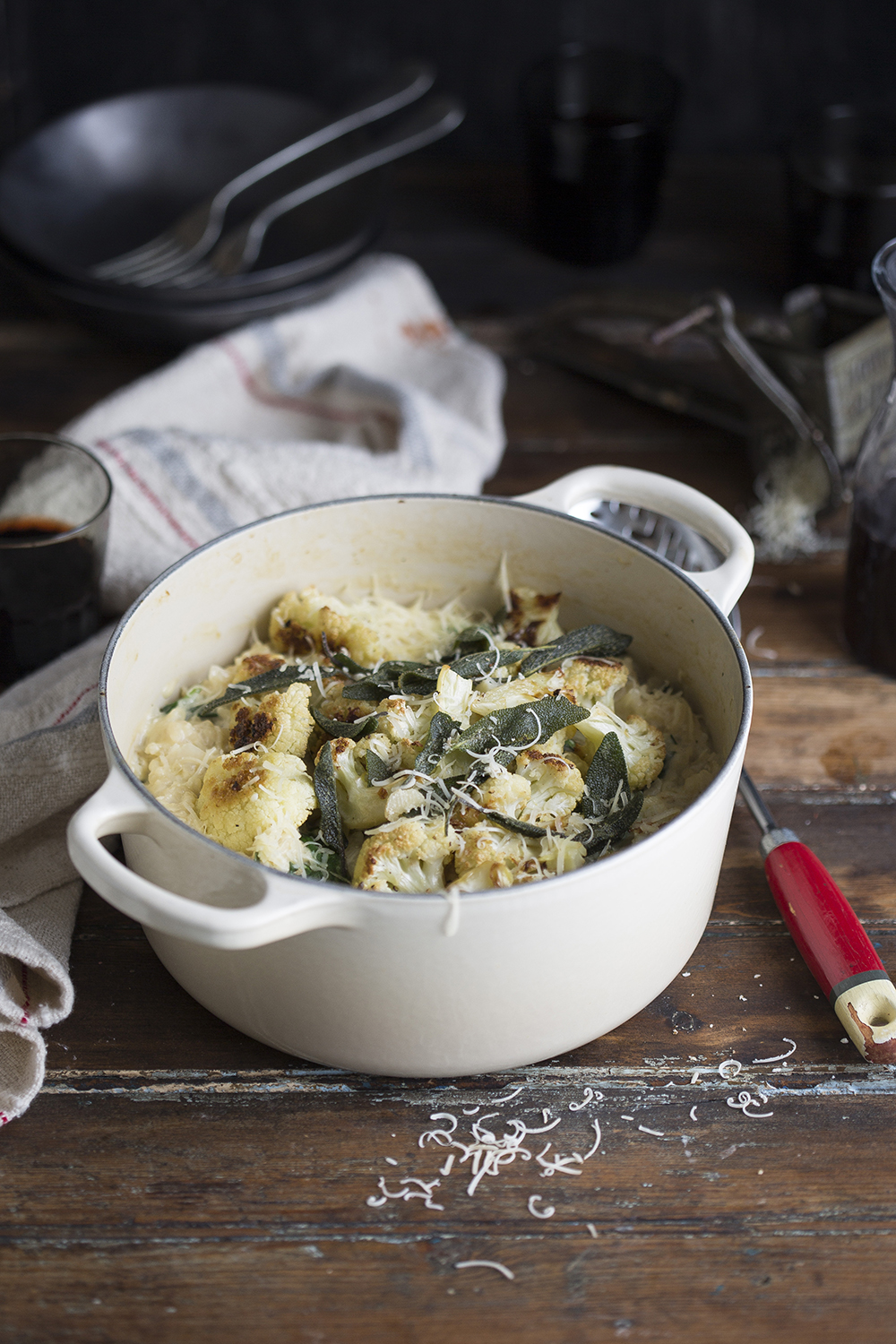 creamy oven risotto with spinach, roasted cauliflower & sage