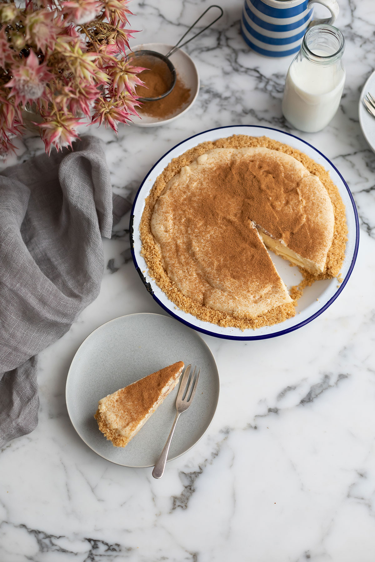 The best classic South African unbaked milk tart recipe with a Tennis biscuit base