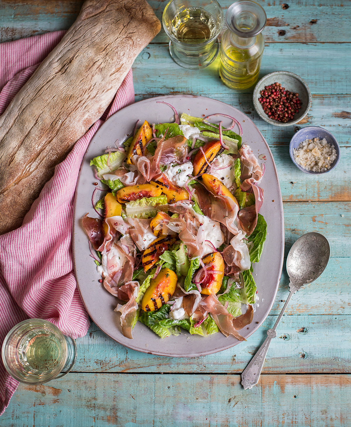 Jamie Oliver's grilled apricot salad with mozzarella, pink peppercorns & prosciutto