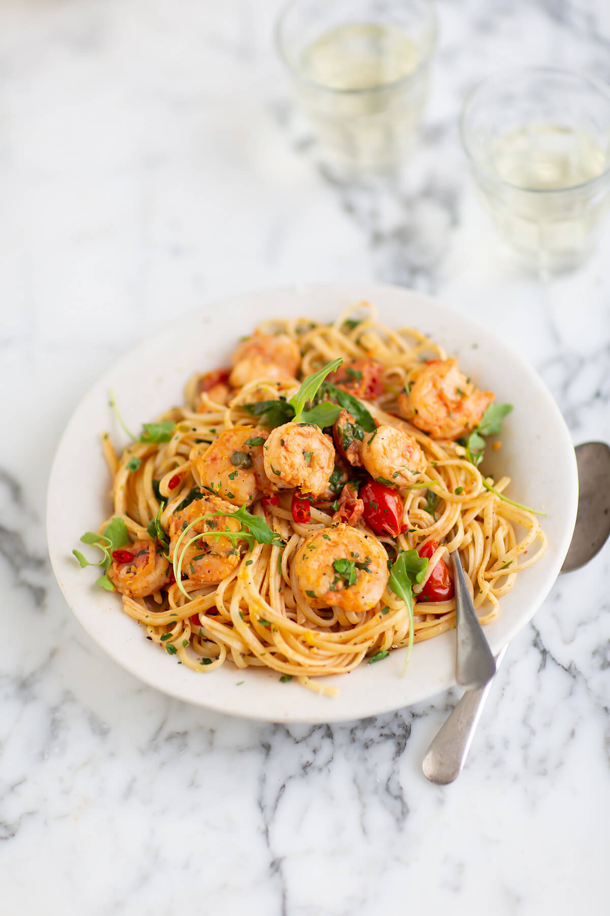 An easy prawn pasta with tomatoes, garlic & cream recipe