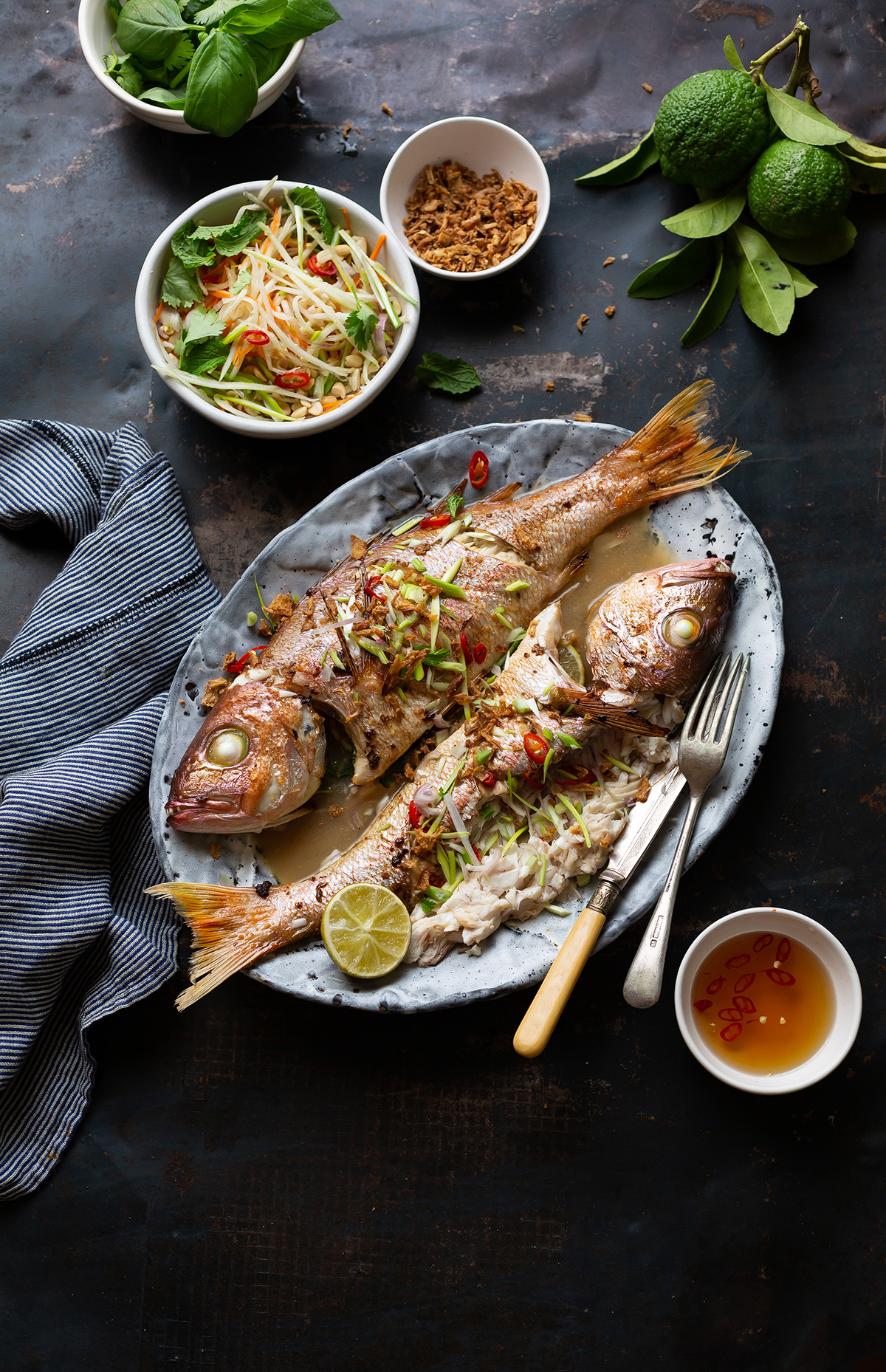 Whole roasted fish with Asian flavours & nuoc cham