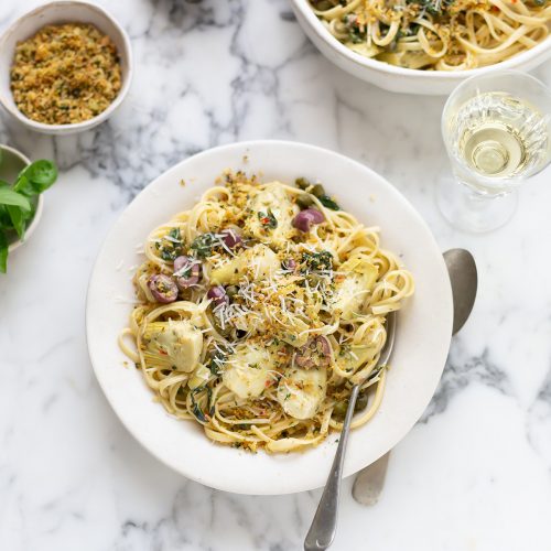 Creamy pasta with artichokes, spinach & capers recipe | Drizzle and Dip