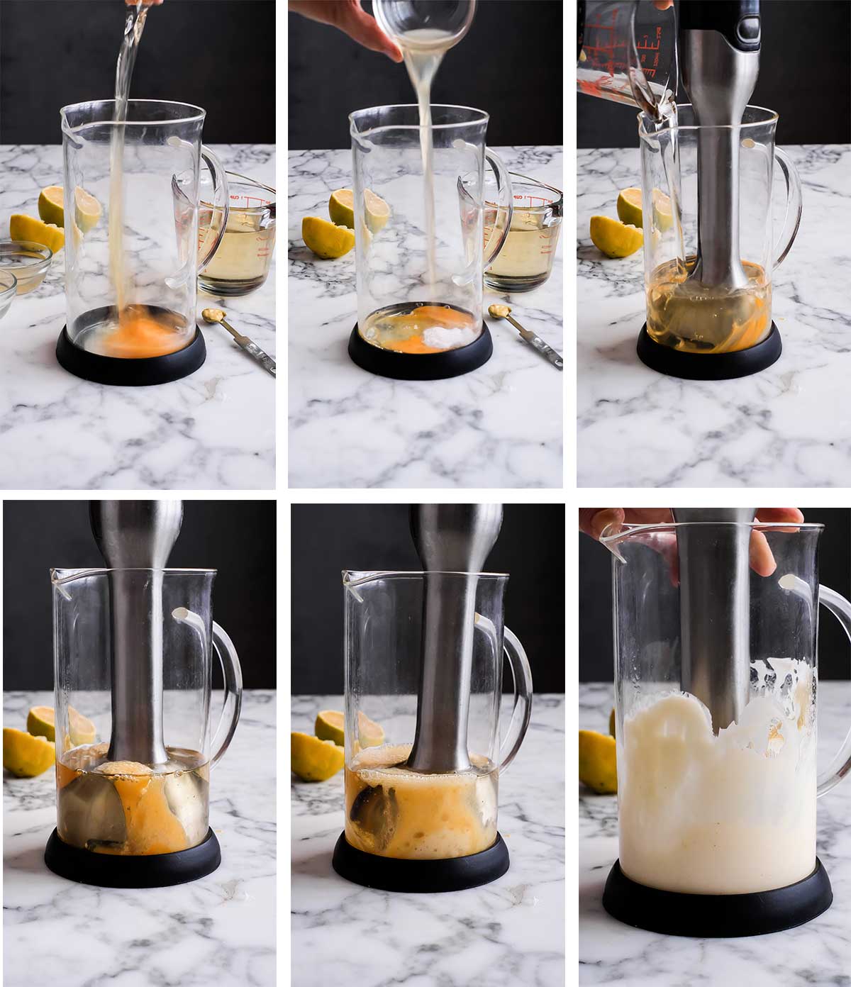 Images that show how to make mayonnaise with a stick blender in a jug