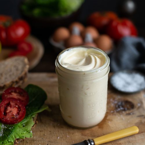 A jar of home made real mayonnaise similar to Hellman's