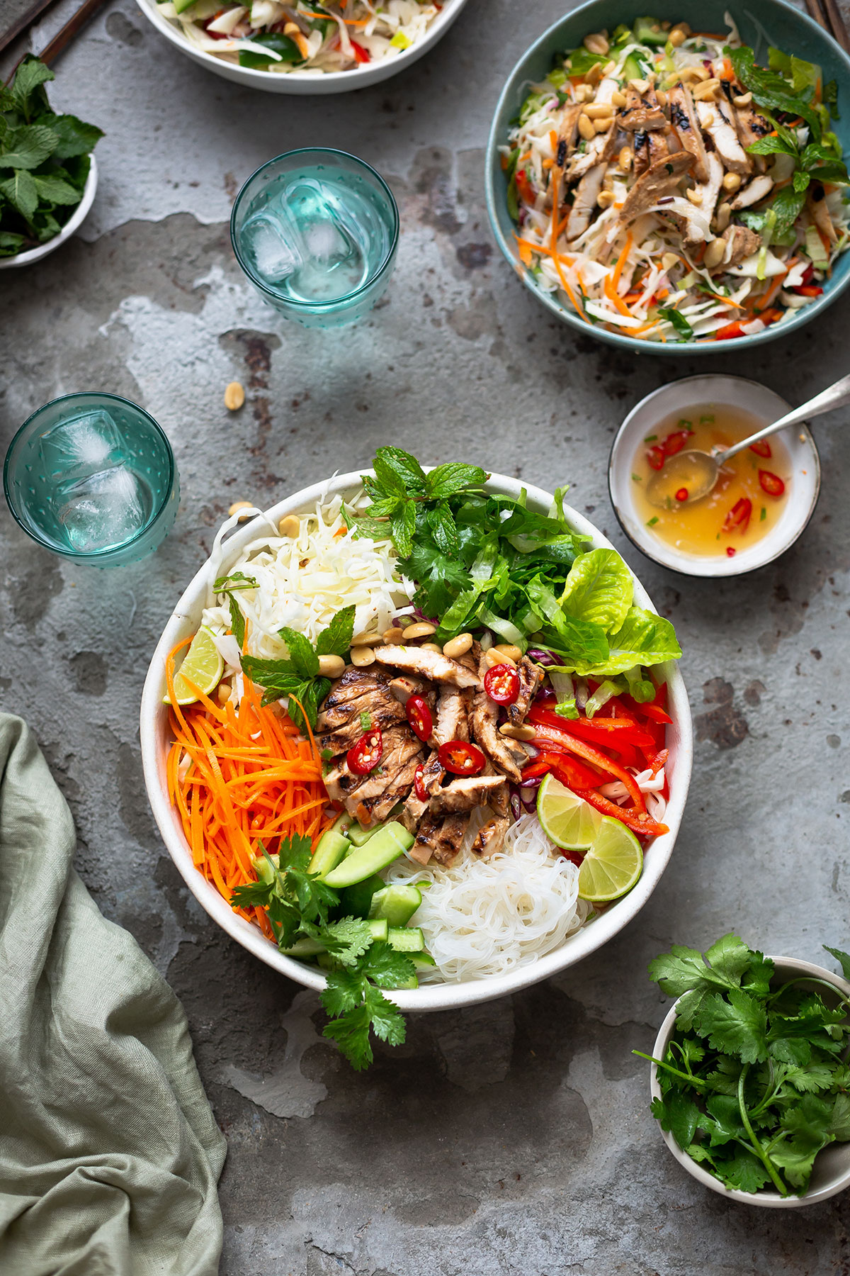 Vietnamese rice noodle salad with grilled chicken