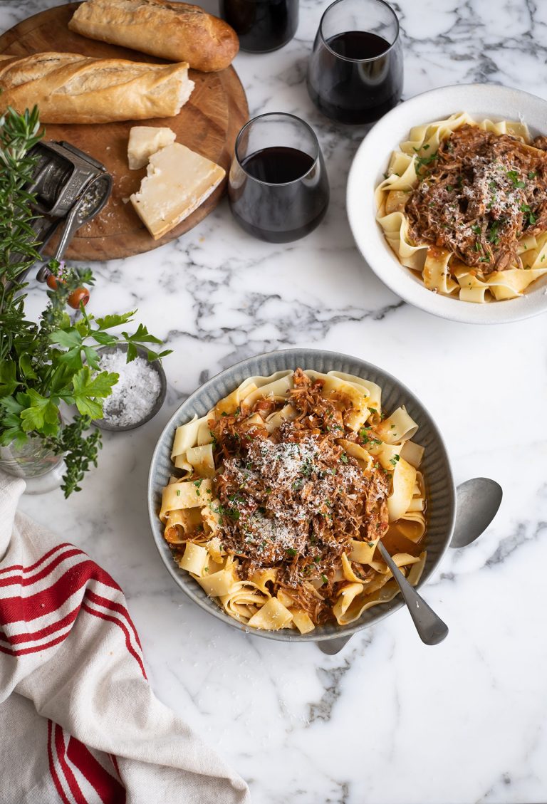 A bowl of Instant pot beef ragu with pappardelle pasta