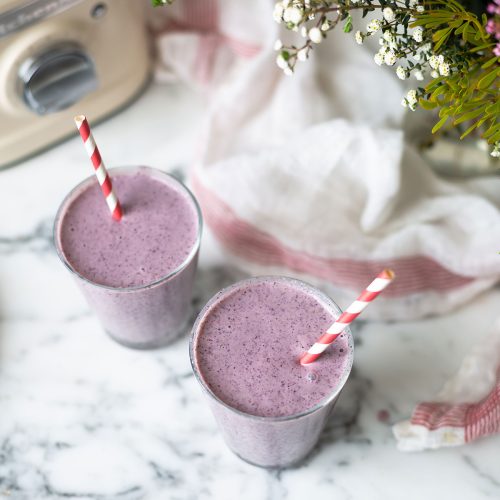 A recipe for two healthy blueberry & banana protein smoothies