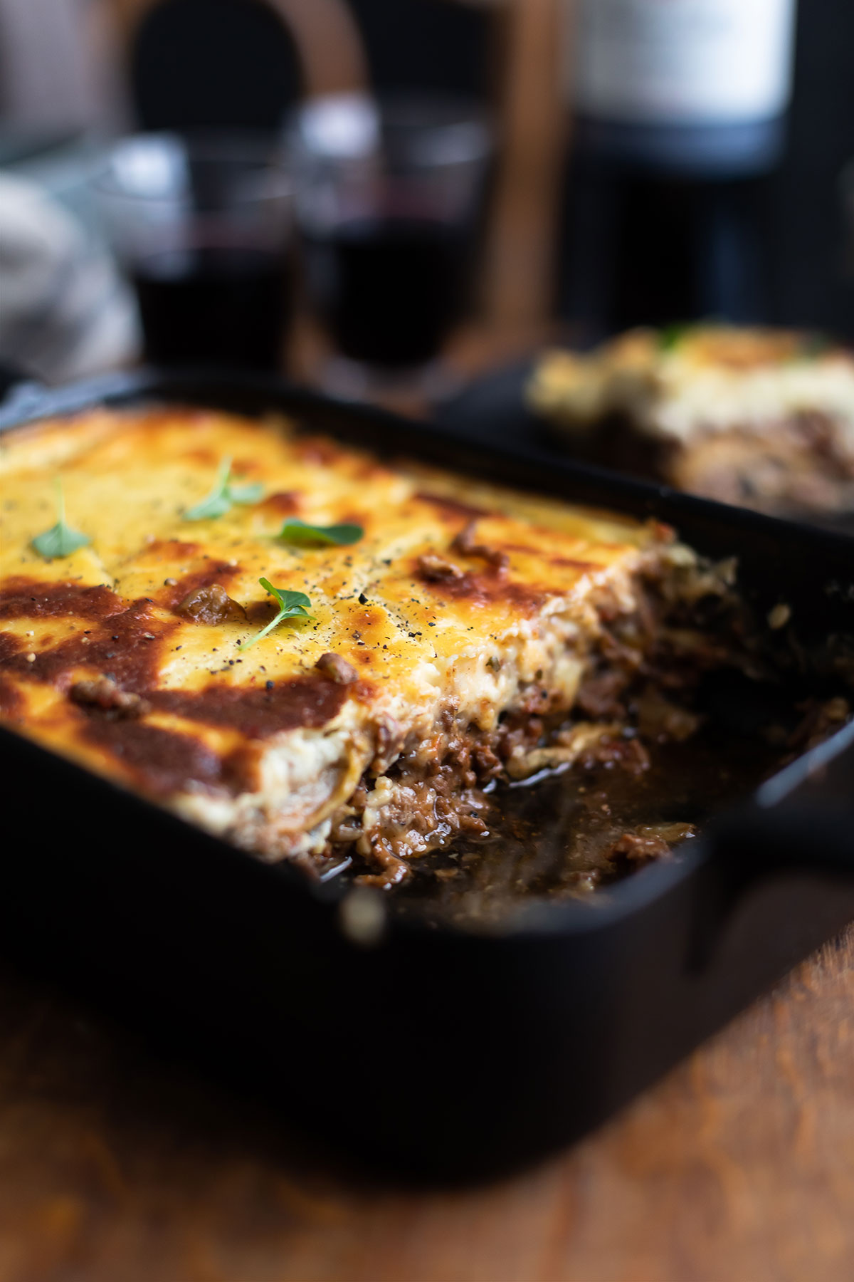 A close up of hte layers of a Classic Greek lamb moussaka with eggplants recipe 