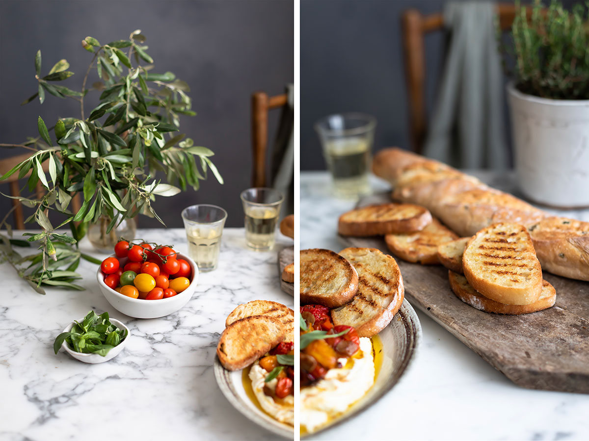 Cherry tomatoes and toasted ciabatta for a whipped feta dip recipe