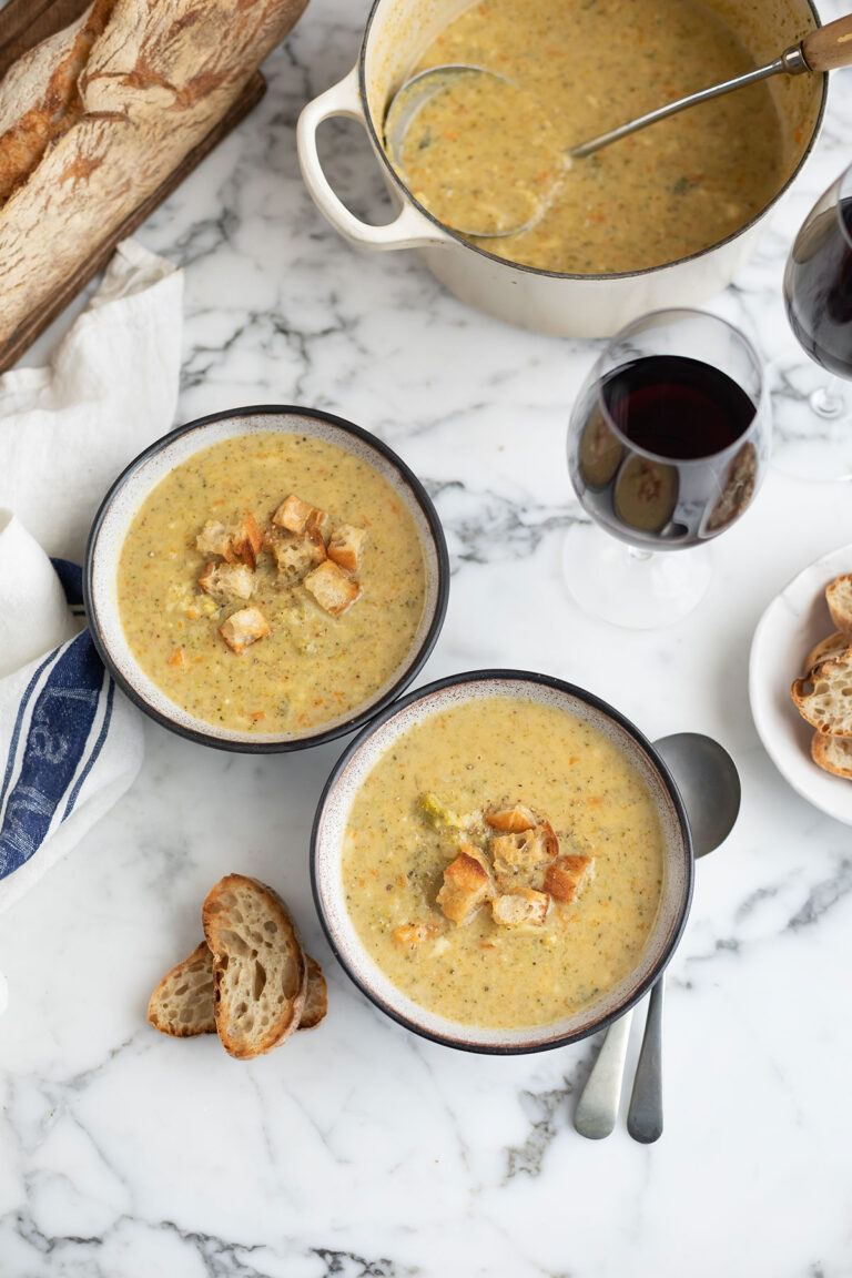 Creamy broccoli and Cheddar soup with croutons