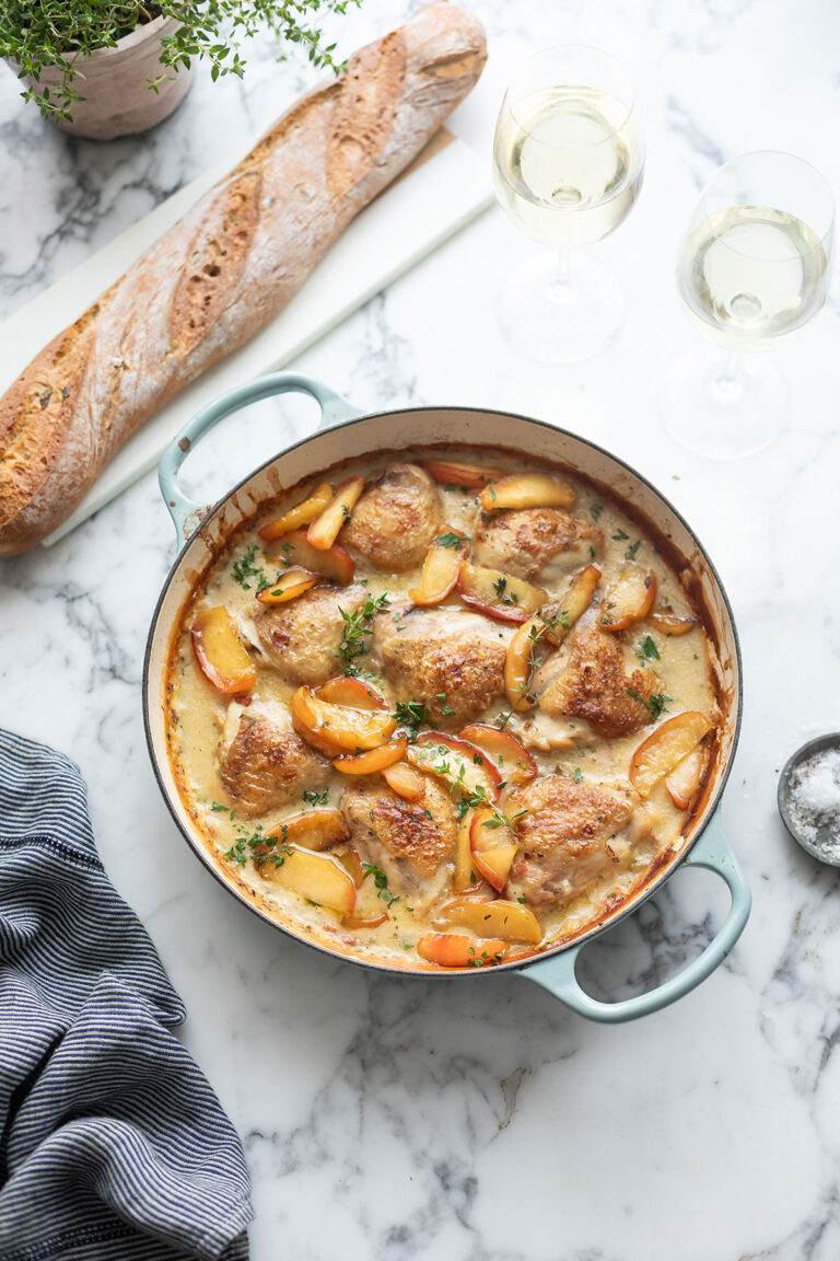 One-pan creamy Chicken Braised in White Wine, Herbs with Pink Lady Apples