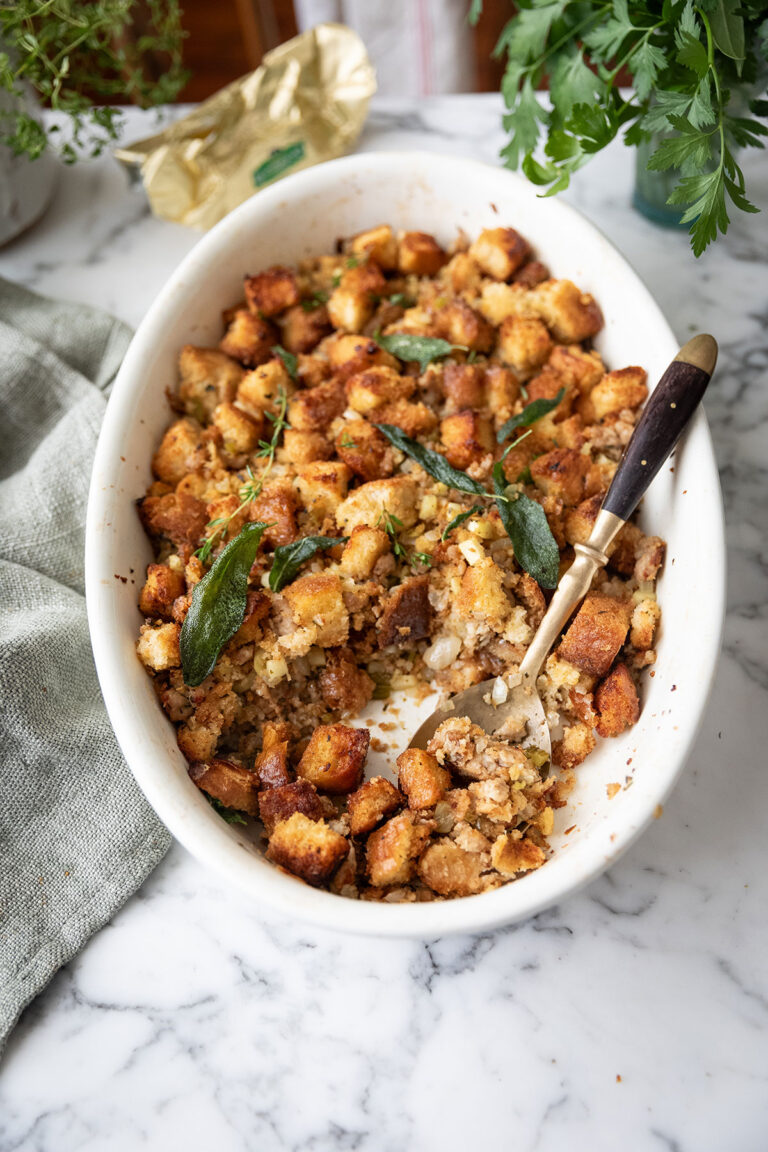 Easy Pork Sausage & Sage Stuffing Casserole Recipe with brown butter sage