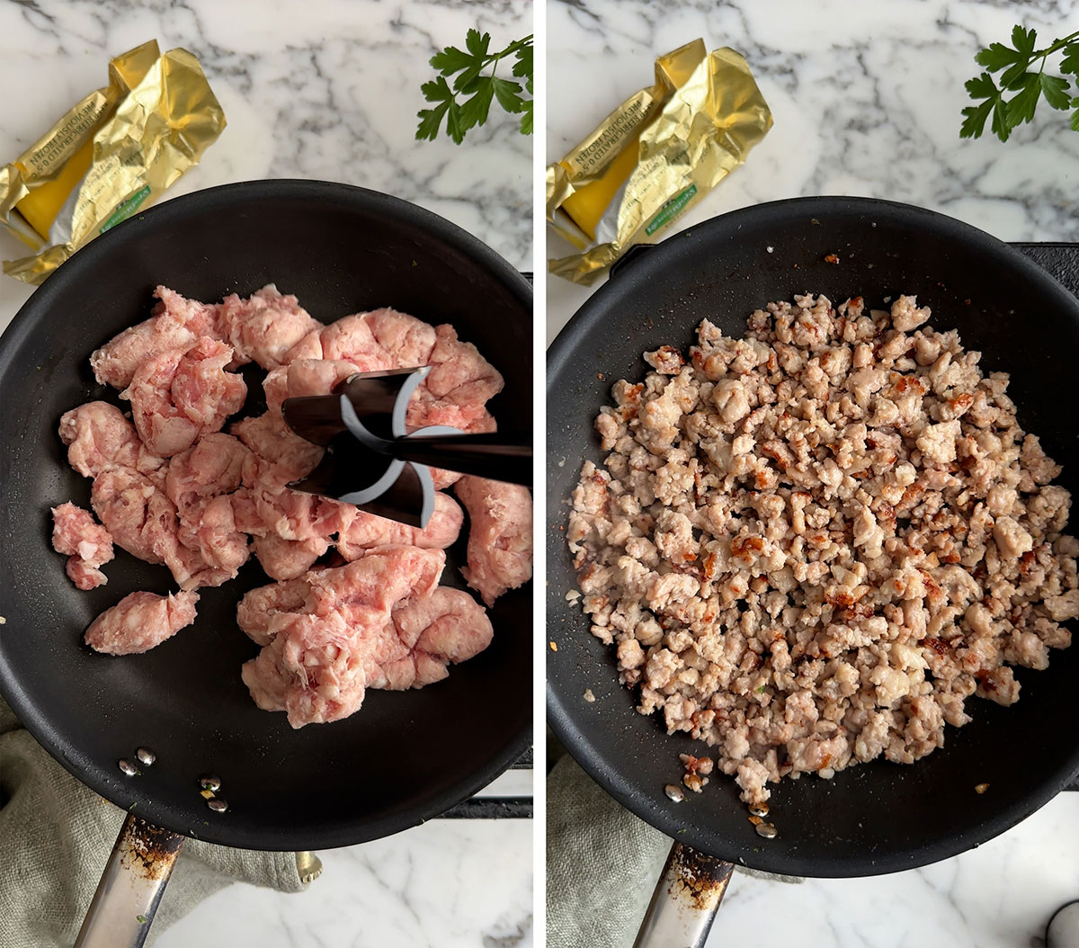 Cooking the pork sausage for a stuffing casserole recipe