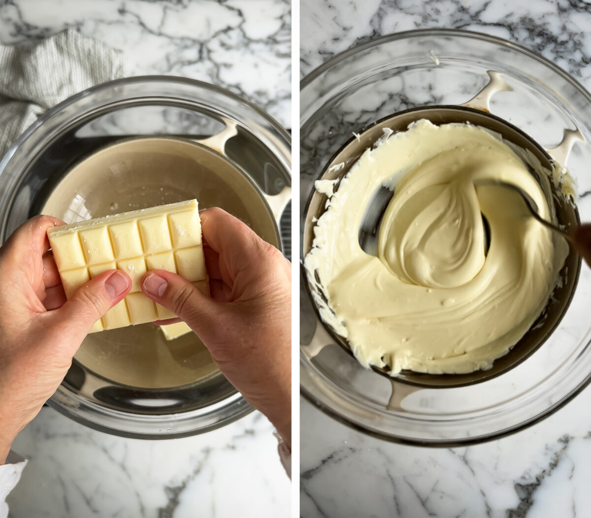 Melted white chocolate for Dubai Chocolate Rice Krispie Squares with Pistachio