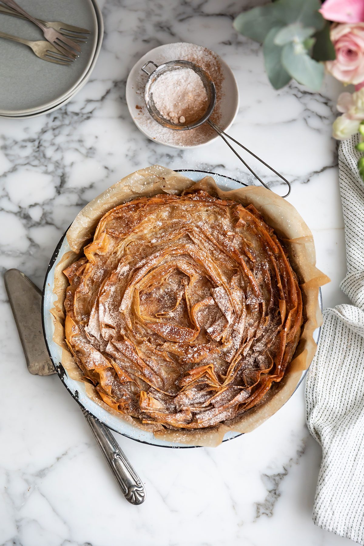 Ruffled phyllo milk tart pie recipe • Drizzle and Dip Flaky phyllo pastry filled with milk tart flavoured custard
