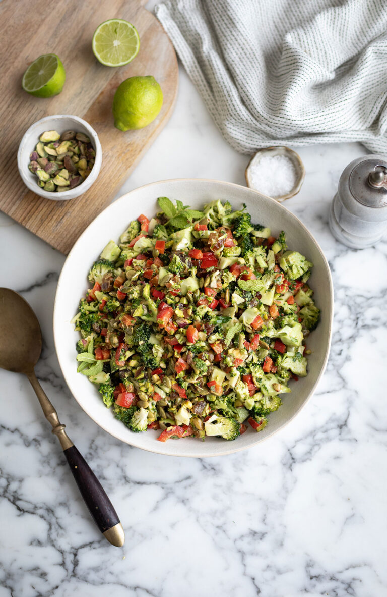 The best broccoli salad with red pepper, pistachios, and a ginger lime dressing