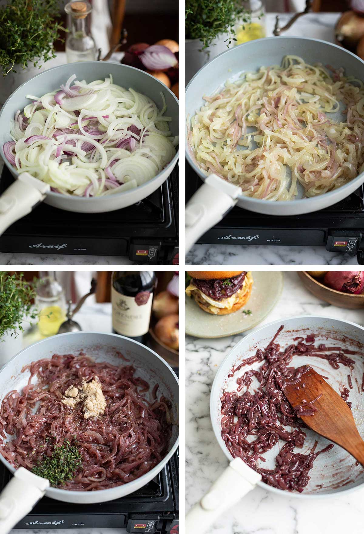 Step by step images of how to caramelise onions in red wine