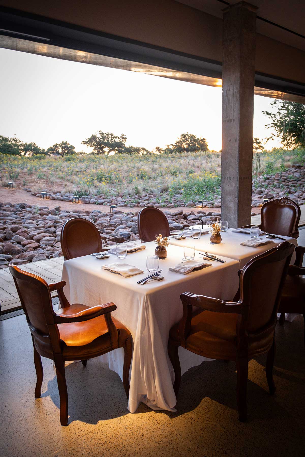 Boscia table sunset • Drizzle and Dip Boscia restaurant at Tswalu